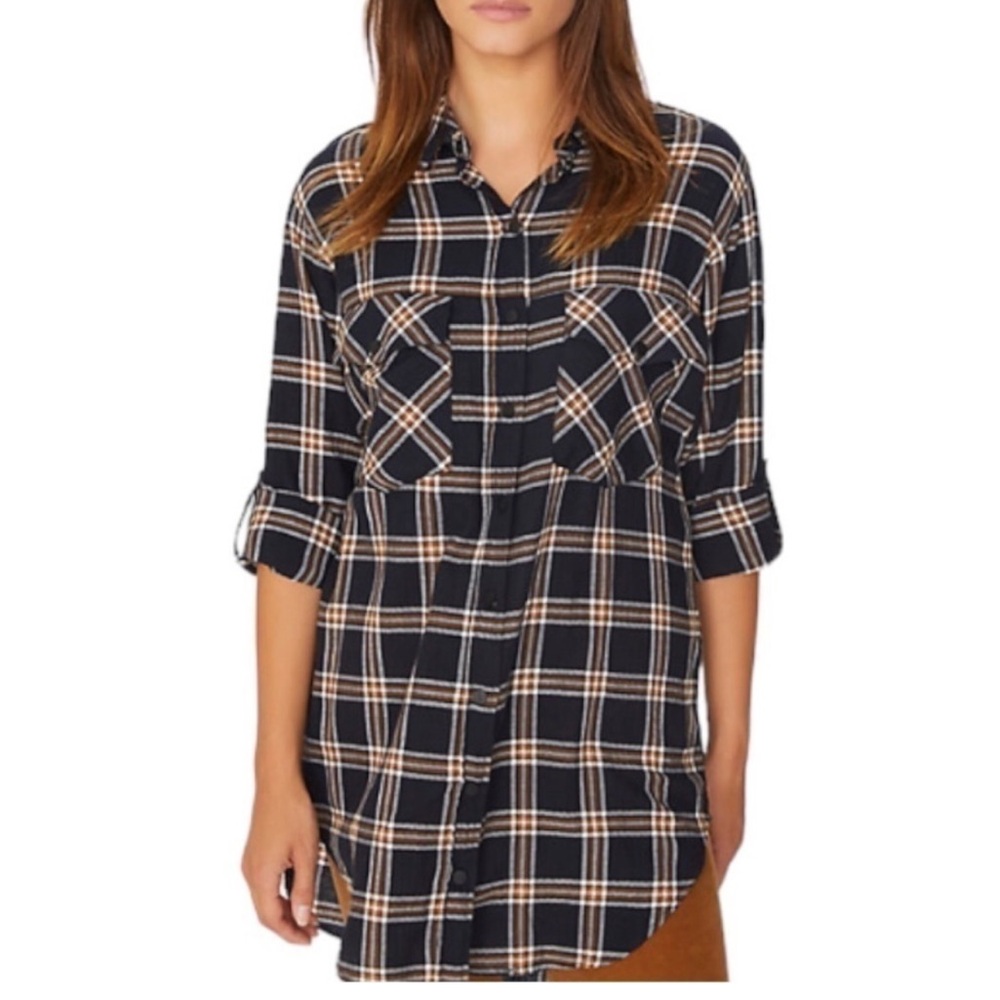 Sanctuary Navy Plaid Button Front Tunic Shirt | Roll Tab Sleeve Top Medium
